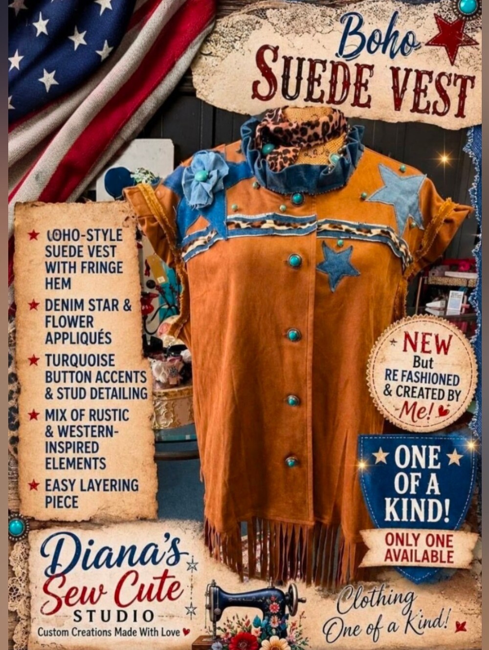 Boho Fringe Suede Vest with Denim Star Accents - Turquoise Buttons